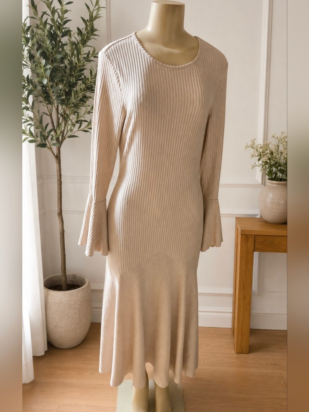 Ribbed Flounce Midi Dress in Beige - Picture 2 of 6
